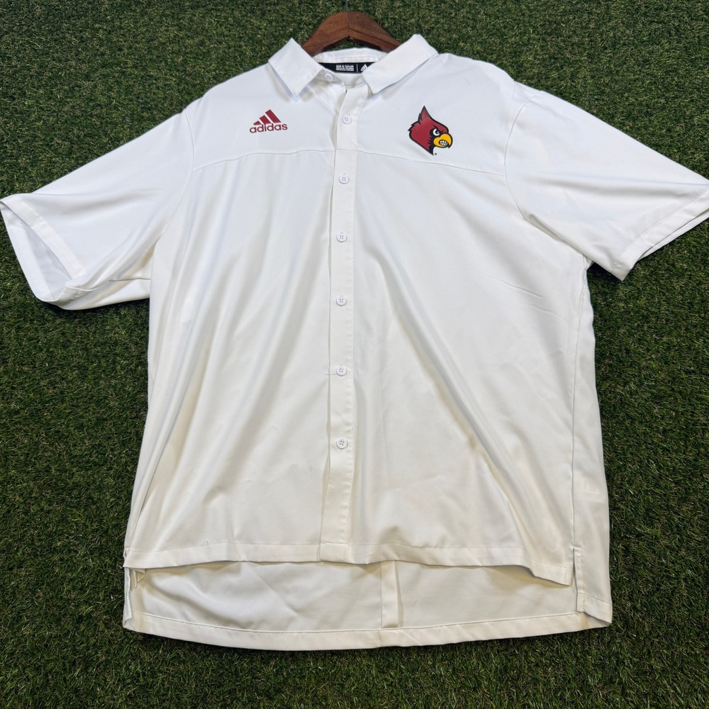 Adidas Louisville Cardinals Mens XL White Button Up Short Sleeve Shirt NCAA Logo